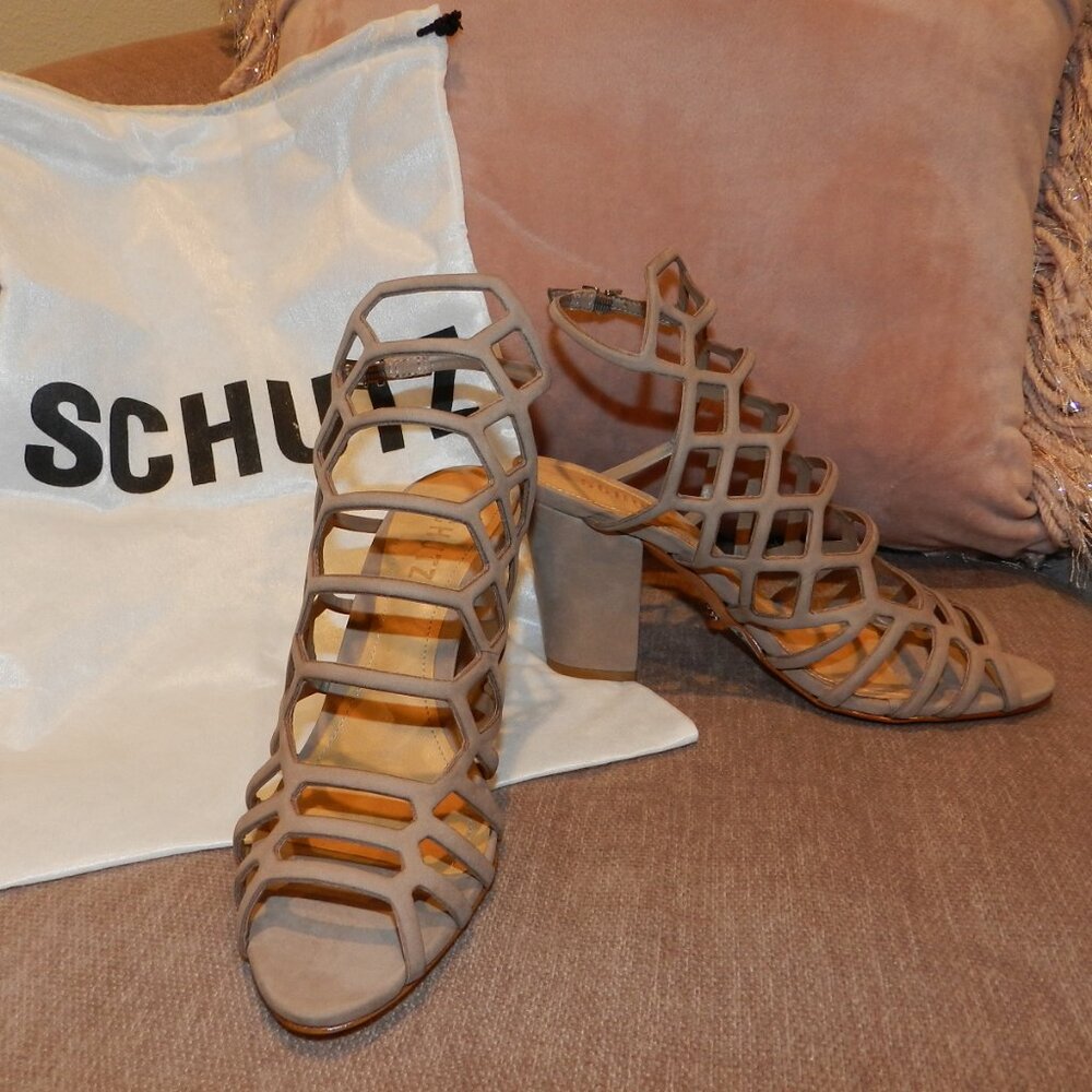 Schutz Oberlyn Neutral Nubuck Leather Suede Cage Open Toe Block Heels Sa…